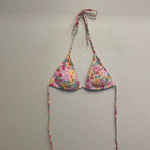 Pink yellow and blue floral smocked triangle bikini top